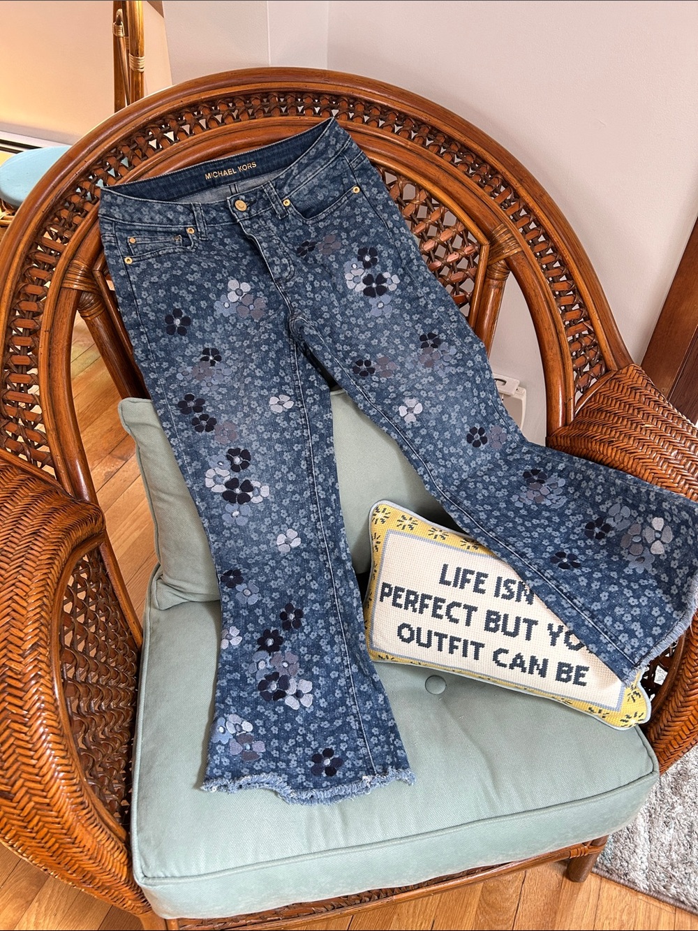 Michael Kors cropped Blue Floral Wide-Leg Jeans
